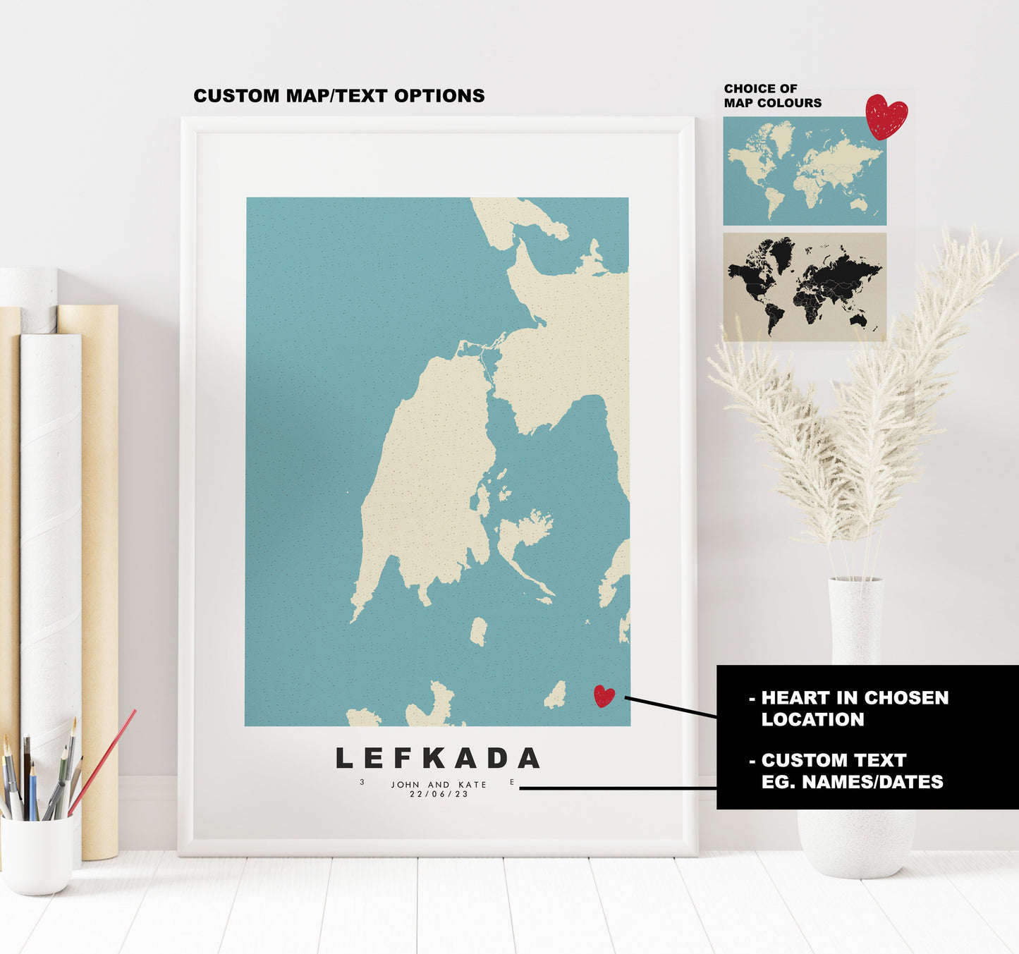 Lefkada Map Print - Personalised Map Gift - Framed or Canvas Options Available - Custom Text Options - Personalised Gift - Greece & Islands