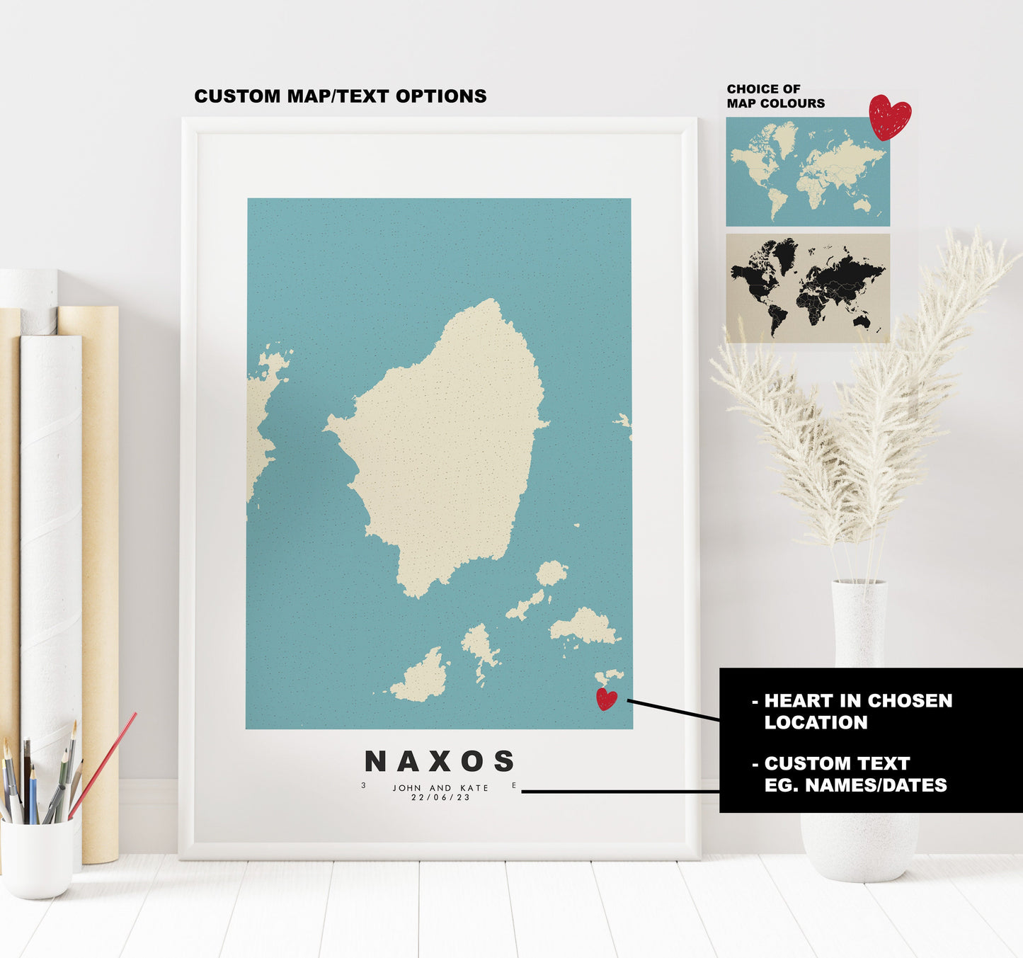 Naxos Map Print - Personalised Map Gift - Framed or Canvas Options Available - Custom Text Options - Personalised Gift - Greece & Islands