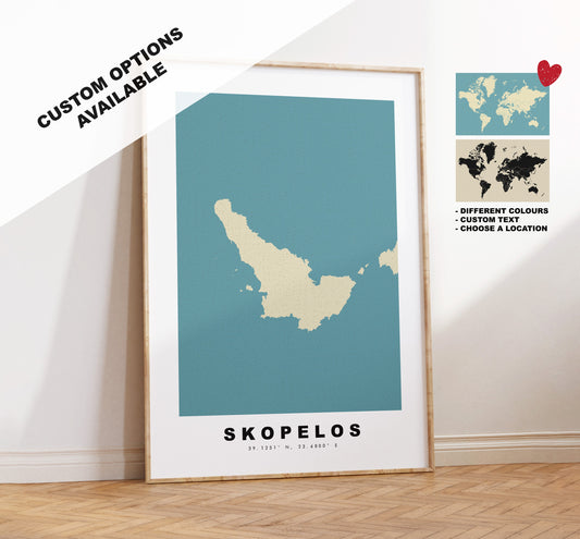 Skopelos Map Print - Personalised Map Gift - Framed or Canvas Options Available - Custom Text Options - Personalised Gift - Greece & Islands