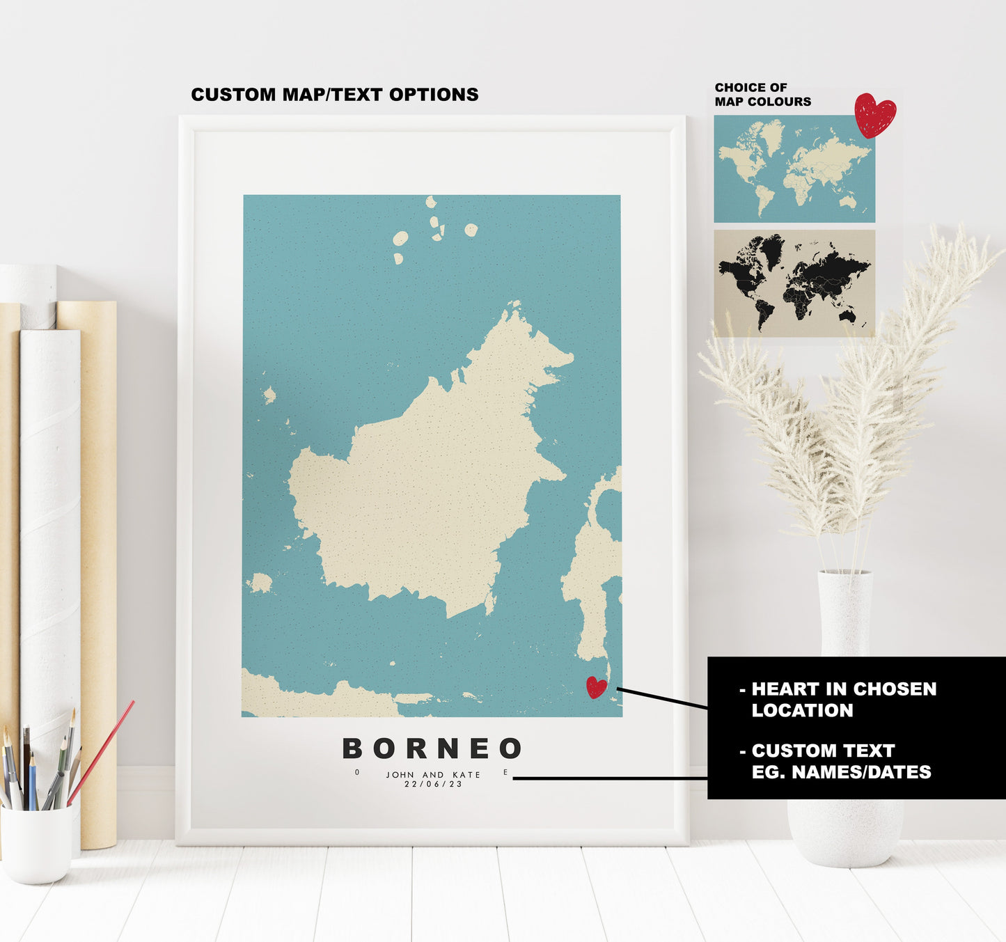 Borneo Map Print - Personalised Map Gift - Framed or Canvas Options Available - Custom Text Options - Personalised Gift - Asia