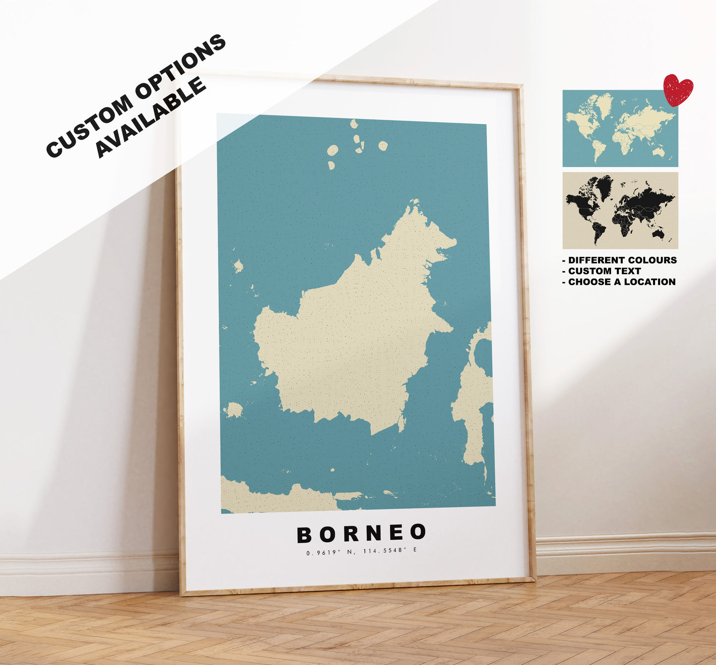 Borneo Map Print - Personalised Map Gift - Framed or Canvas Options Available - Custom Text Options - Personalised Gift - Asia