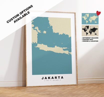 Jakarta Map Print - Personalised Map Gift - Framed or Canvas Options Available - Custom Text Options - Personalised Gift - Asia