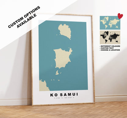 Ko Samui Map Print - Personalised Map Gift - Framed or Canvas Options Available - Custom Text Options - Personalised Gift - Asia