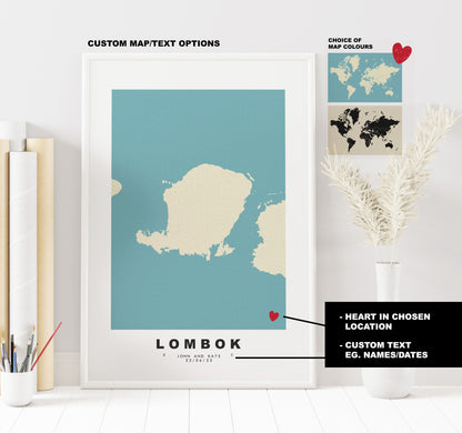 Lombok Map Print - Personalised Map Gift - Framed or Canvas Options Available - Custom Text Options - Personalised Gift - Asia