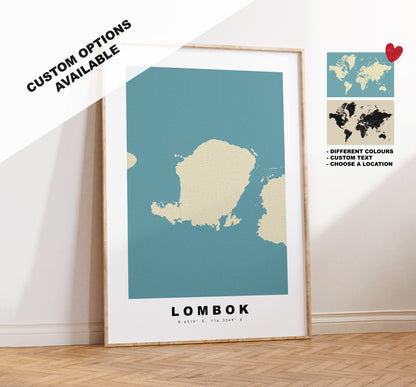 Lombok Map Print - Personalised Map Gift - Framed or Canvas Options Available - Custom Text Options - Personalised Gift - Asia