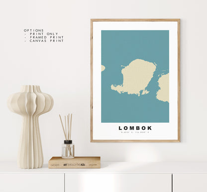 Lombok Map Print - Personalised Map Gift - Framed or Canvas Options Available - Custom Text Options - Personalised Gift - Asia