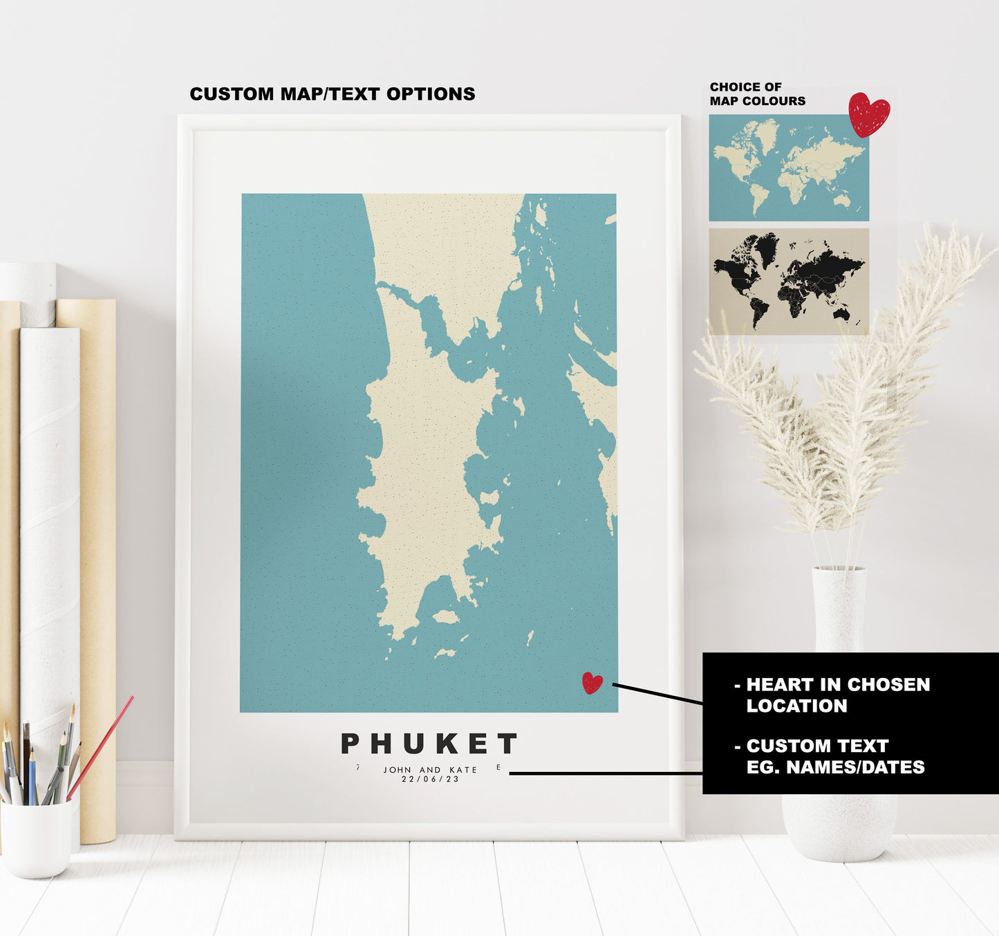 Phuket Map Print - Personalised Map Gift - Framed or Canvas Options Available - Custom Text Options - Personalised Gift - Asia