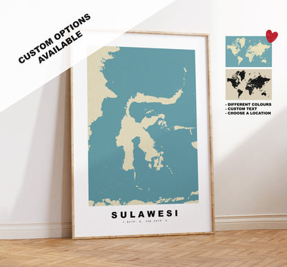 Sulawesi Map Print - Personalised Map Gift - Framed or Canvas Options Available - Custom Text Options - Personalised Gift - Asia