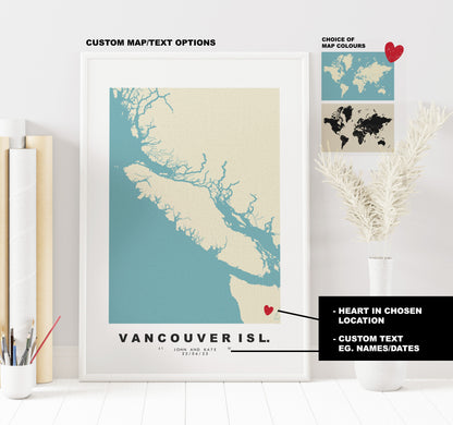 Vancouver Island Map Print - Personalised Map Gift - Framed or Canvas Options Available - Custom Text Options - Personalised Gift - North America