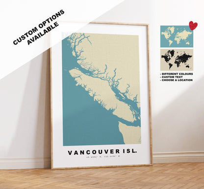 Vancouver Island Map Print - Personalised Map Gift - Framed or Canvas Options Available - Custom Text Options - Personalised Gift - North America