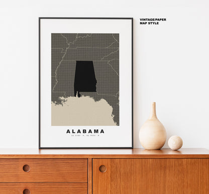 Alabama Map Print - Personalised Map Gift - Framed or Canvas Options Available - Custom Text Options - Personalised Gift - US States & Islands