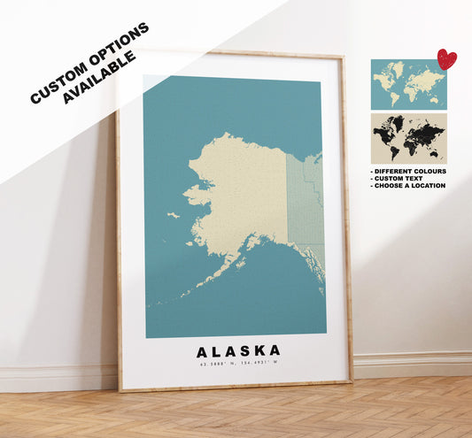 Alaska Map Print - Personalised Map Gift - Framed or Canvas Options Available - Custom Text Options - Personalised Gift - US States & Islands