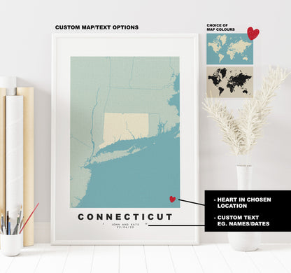 Connecticut Map Print - Personalised Map Gift - Framed or Canvas Options Available - Custom Text Options - Personalised Gift - US States & Islands