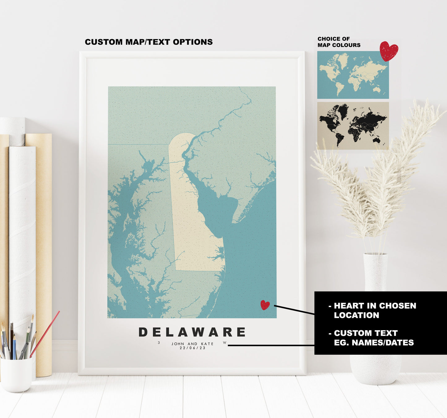 Delaware Map Print - Personalised Map Gift - Framed or Canvas Options Available - Custom Text Options - Personalised Gift - US States & Islands