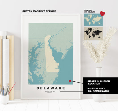 Delaware Map Print - Personalised Map Gift - Framed or Canvas Options Available - Custom Text Options - Personalised Gift - US States & Islands