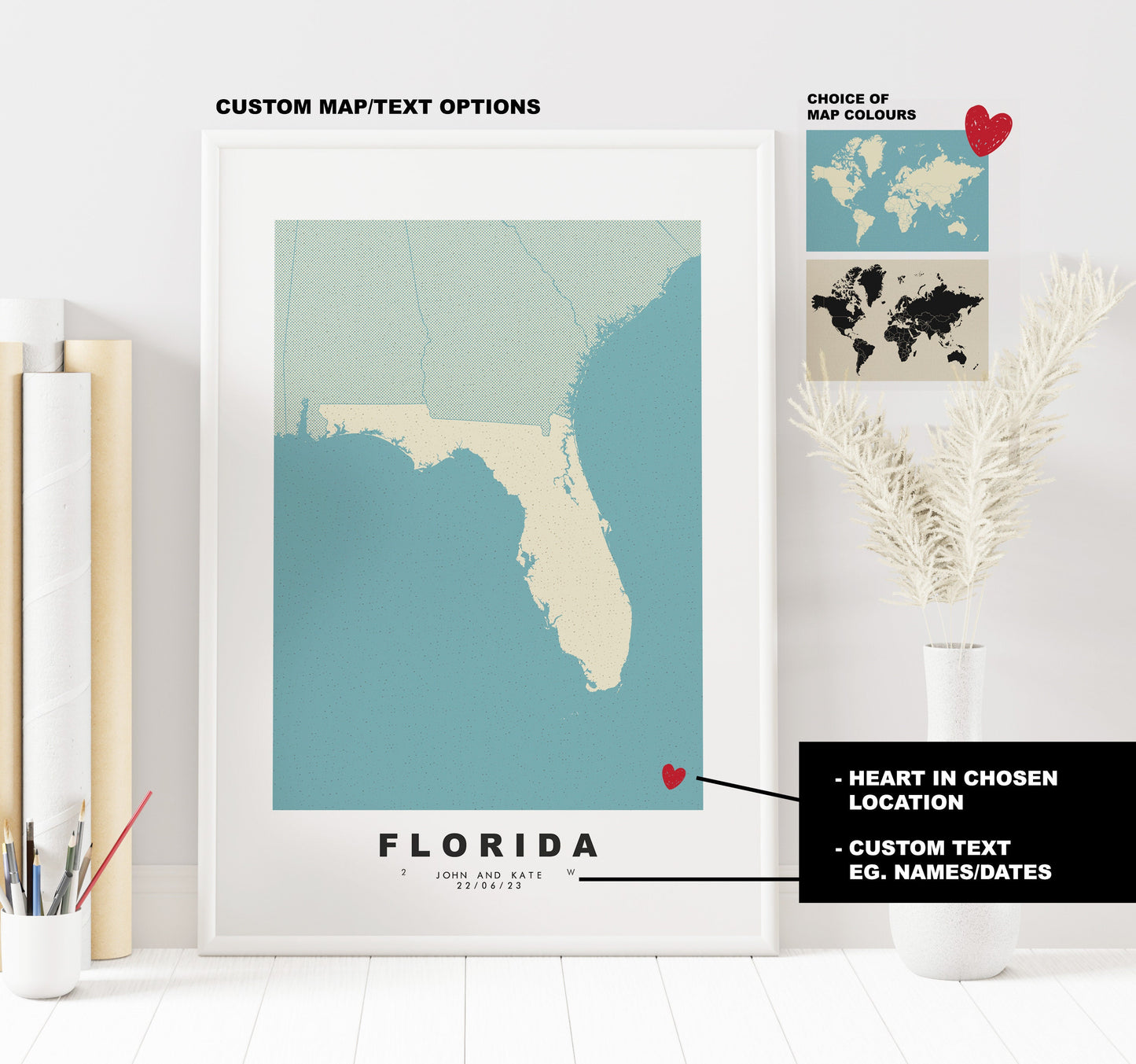 Florida Map Print - Personalised Map Gift - Framed or Canvas Options Available - Custom Text Options - Personalised Gift - US States & Islands