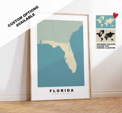 Florida Map Print - Personalised Map Gift - Framed or Canvas Options Available - Custom Text Options - Personalised Gift - US States & Islands