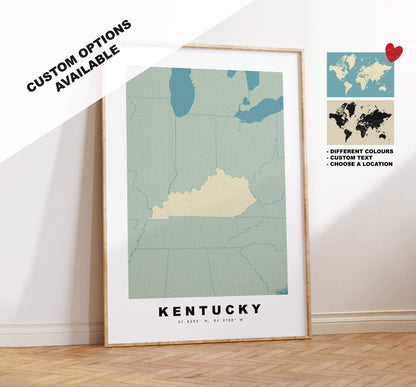 Kentucky Map Print - Personalised Map Gift - Framed or Canvas Options Available - Custom Text Options - Personalised Gift - US States & Islands