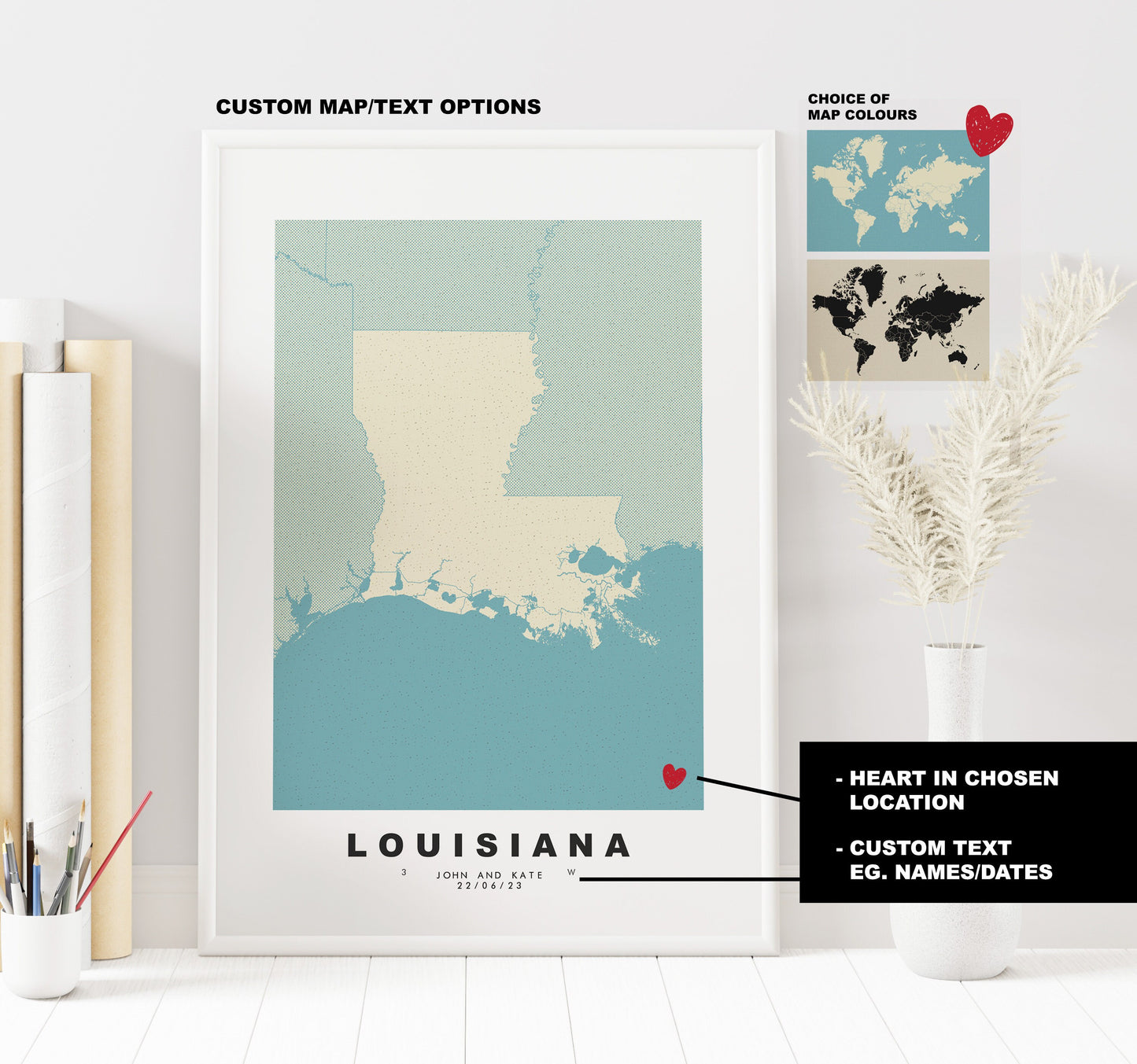 Louisiana Map Print - Personalised Map Gift - Framed or Canvas Options Available - Custom Text Options - Personalised Gift - US States & Islands