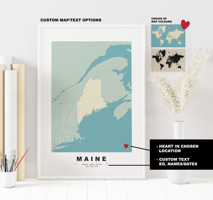 Maine Map Print - Personalised Map Gift - Framed or Canvas Options Available - Custom Text Options - Personalised Gift - US States & Islands