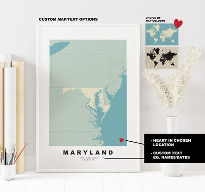 Maryland Map Print - Personalised Map Gift - Framed or Canvas Options Available - Custom Text Options - Personalised Gift - US States & Islands