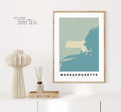 Massachusetts Map Print - Personalised Map Gift - Framed or Canvas Options Available - Custom Text Options - Personalised Gift - US States & Islands