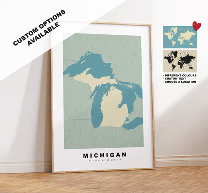 Michigan Map Print - Personalised Map Gift - Framed or Canvas Options Available - Custom Text Options - Personalised Gift - US States & Islands