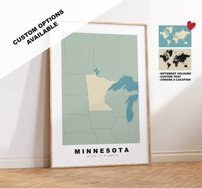 Minnesota Map Print - Personalised Map Gift - Framed or Canvas Options Available - Custom Text Options - Personalised Gift - US States & Islands