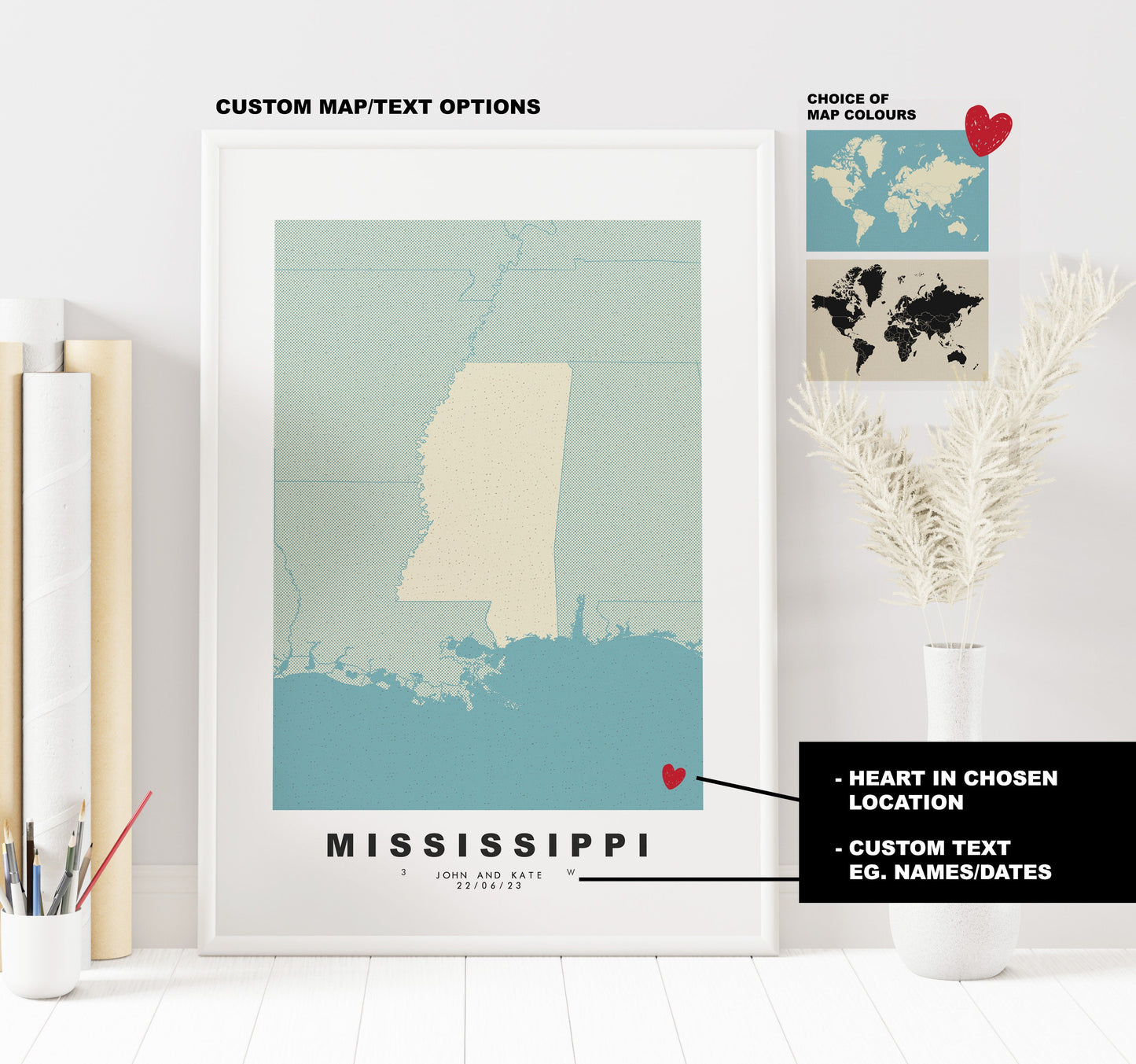 Mississippi Map Print - Personalised Map Gift - Framed or Canvas Options Available - Custom Text Options - Personalised Gift - US States & Islands