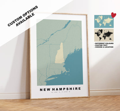 New Hampshire Map Print - Personalised Map Gift - Framed or Canvas Options Available - Custom Text Options - Personalised Gift - US States & Islands