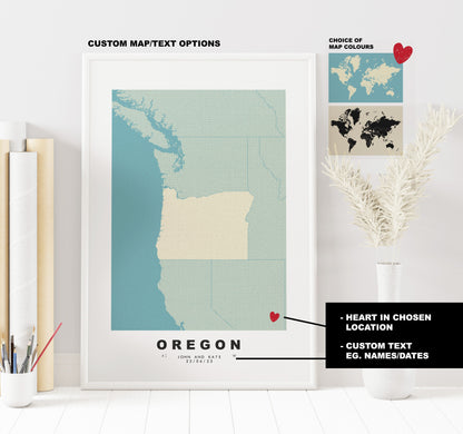 Oregon Map Print - Personalised Map Gift - Framed or Canvas Options Available - Custom Text Options - Personalised Gift - US States & Islands