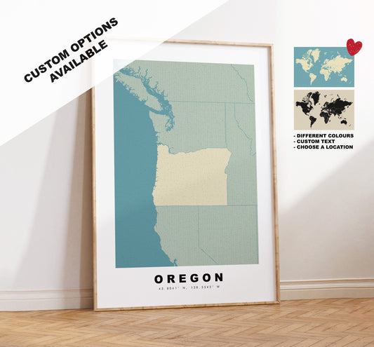 Oregon Map Print - Personalised Map Gift - Framed or Canvas Options Available - Custom Text Options - Personalised Gift - US States & Islands