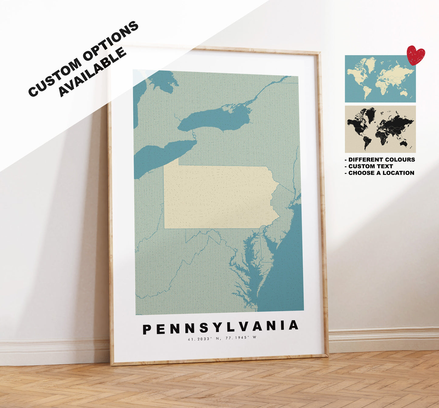 Pennsylvania Map Print - Personalised Map Gift - Framed or Canvas Options Available - Custom Text Options - Personalised Gift - US States & Islands