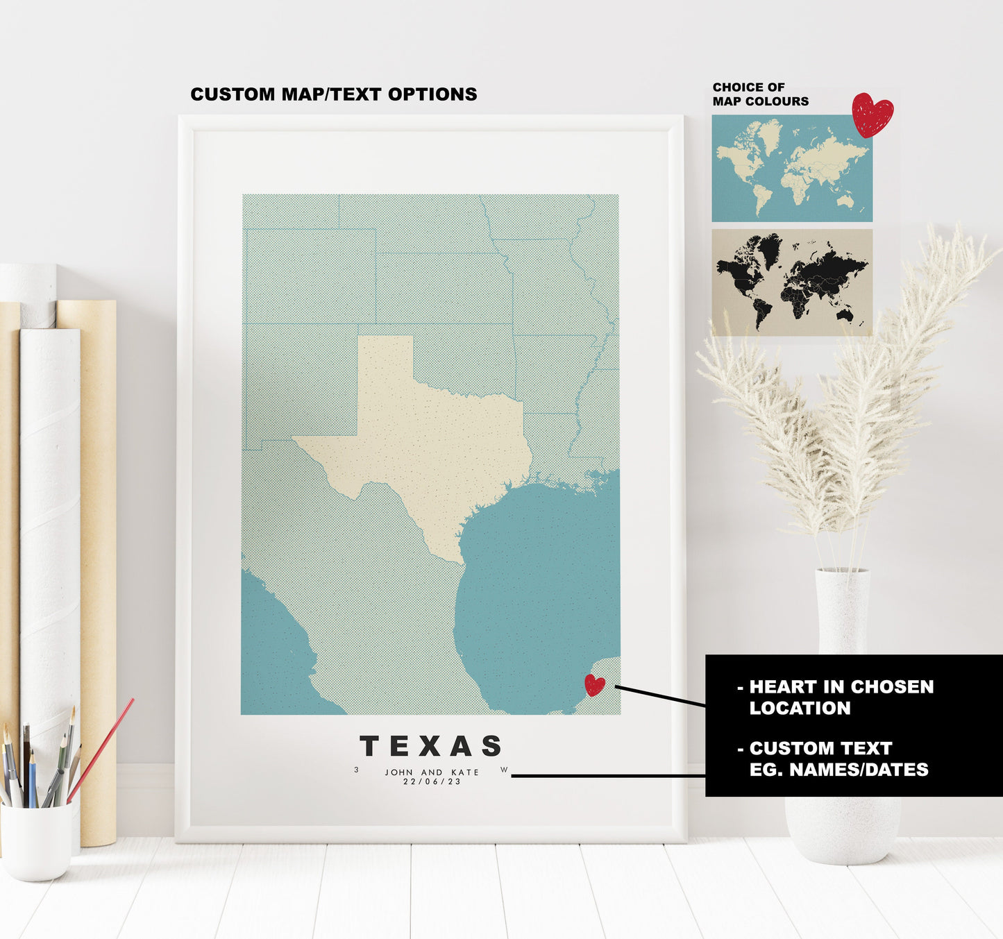 Texas Map Print - Personalised Map Gift - Framed or Canvas Options Available - Custom Text Options - Personalised Gift - US States & Islands