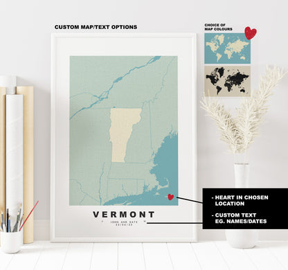 Vermont Map Print - Personalised Map Gift - Framed or Canvas Options Available - Custom Text Options - Personalised Gift - US States & Islands