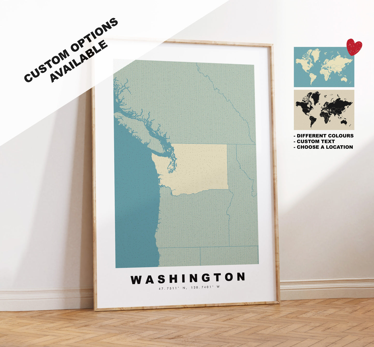 Washington State Map Print - Personalised Map Gift - Framed or Canvas Options Available - Custom Text Options - Personalised Gift - US States and Islands