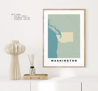 Washington State Map Print - Personalised Map Gift - Framed or Canvas Options Available - Custom Text Options - Personalised Gift - US States and Islands