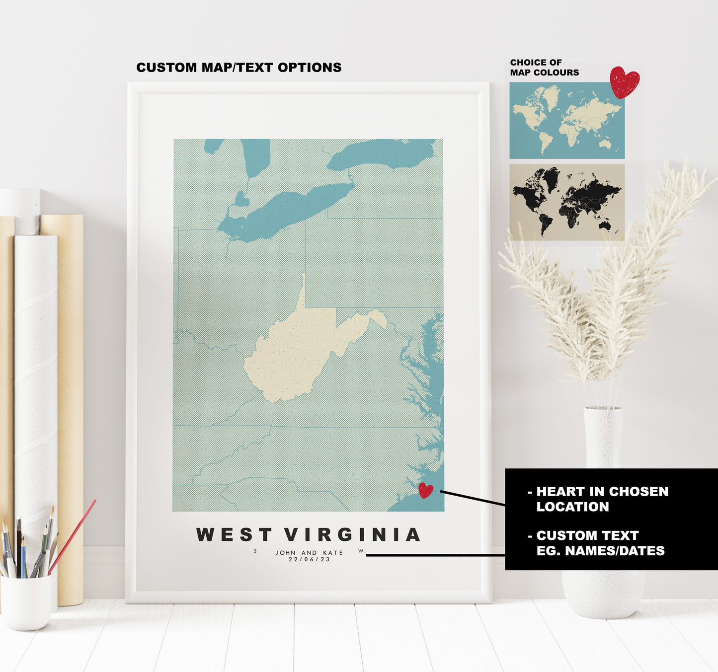 West Virginia Map Print - Personalised Map Gift - Framed or Canvas Options Available - Custom Text Options - Personalised Gift - US States and Islands