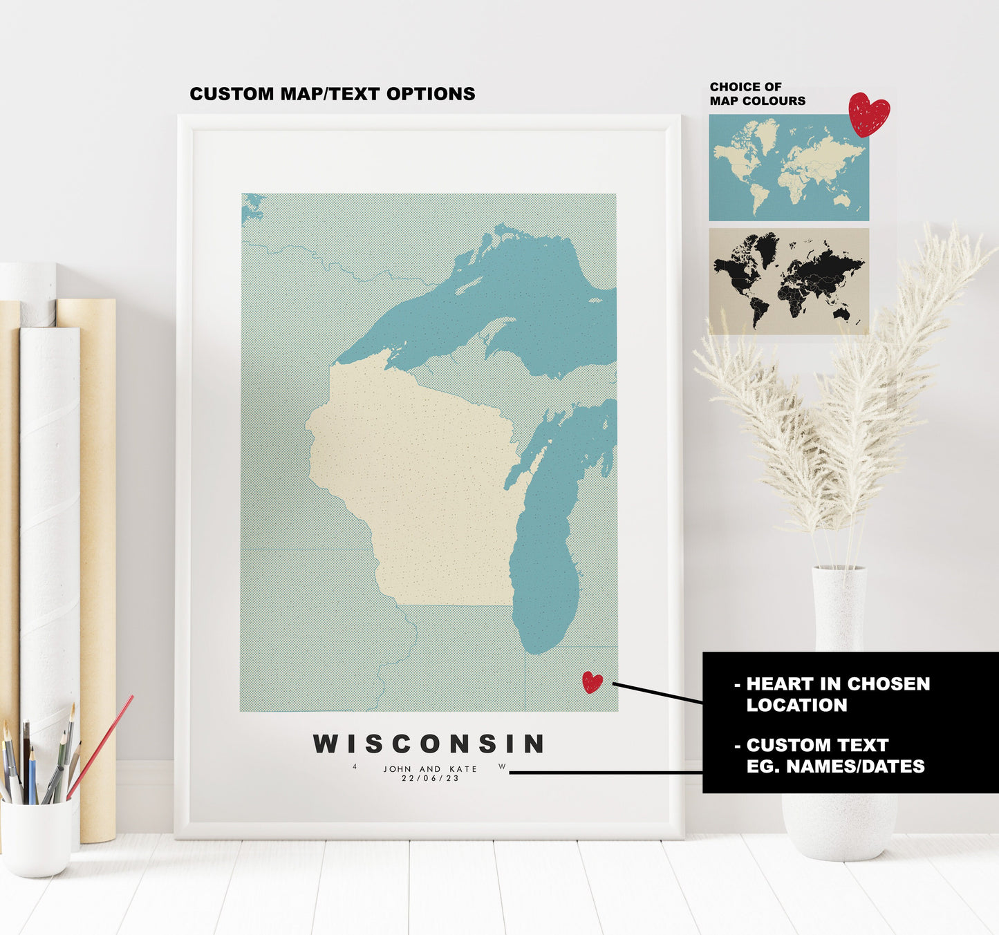 Wisconsin Map Print - Personalised Map Gift - Framed or Canvas Options Available - Custom Text Options - Personalised Gift - US States and Islands