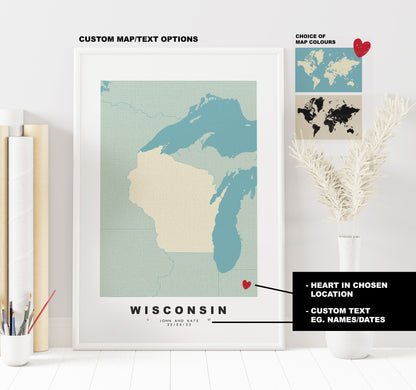 Wisconsin Map Print - Personalised Map Gift - Framed or Canvas Options Available - Custom Text Options - Personalised Gift - US States and Islands