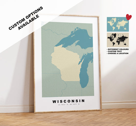 Wisconsin Map Print - Personalised Map Gift - Framed or Canvas Options Available - Custom Text Options - Personalised Gift - US States and Islands