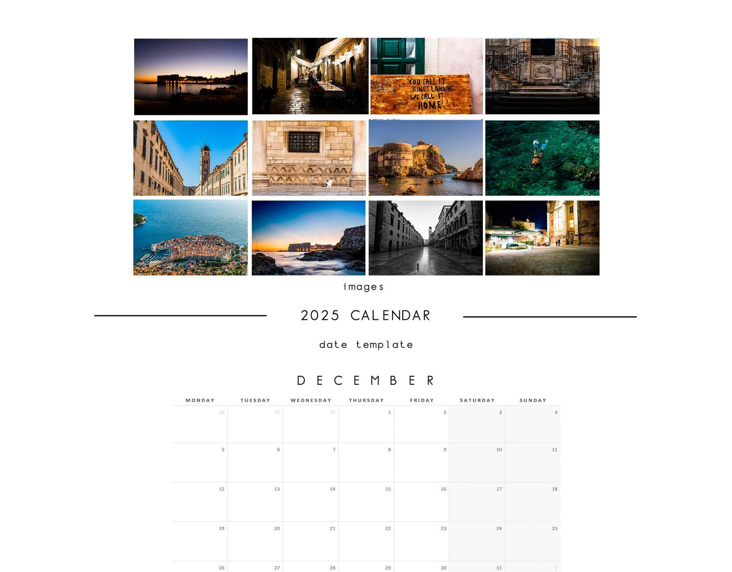 Dubrovnik 2025 Calendar - A3 or A4 Wall Calendar - 2025 Calendar - Gift - New Year - Dubrovnik Calendar - Planner - Croatia