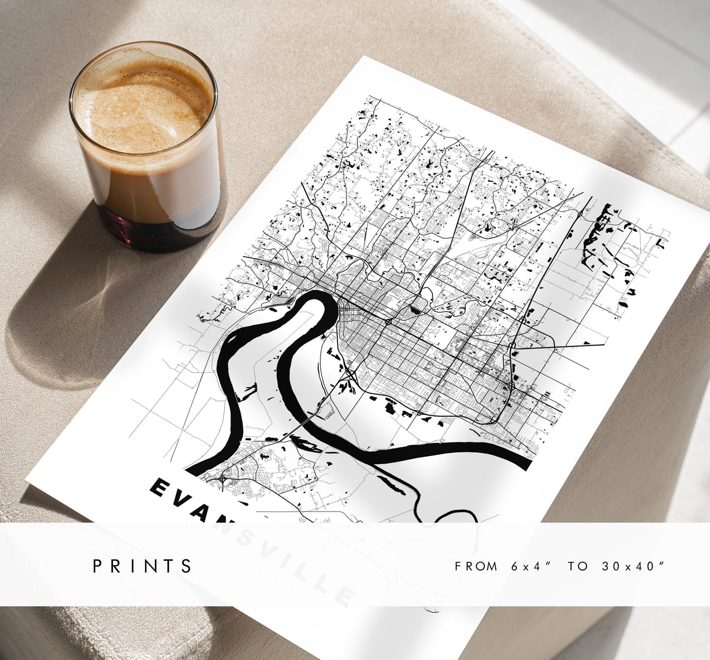 Evansville Map Print - City Map Poster - Map Art - USA City Maps - Evansville Print - Evansville Poster - Minimalist City Map - Indiana