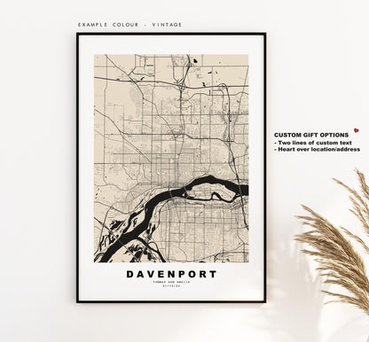 Davenport Map Print - City Map Poster - Map Art - USA City Maps - Davenport Print - Davenport Poster - Minimalist City Map - Iowa