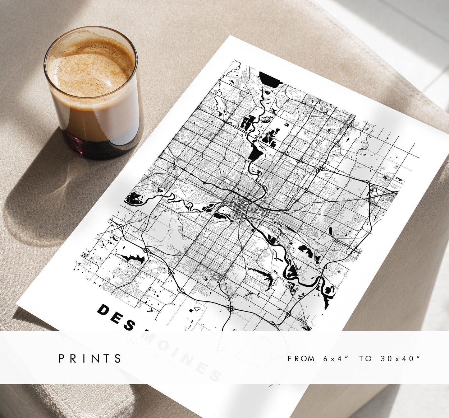 Des Moines Map Print - City Map Poster - Map Art - USA City Maps - Des Moines Print - Des Moines Poster - Minimalist City Map - Iowa