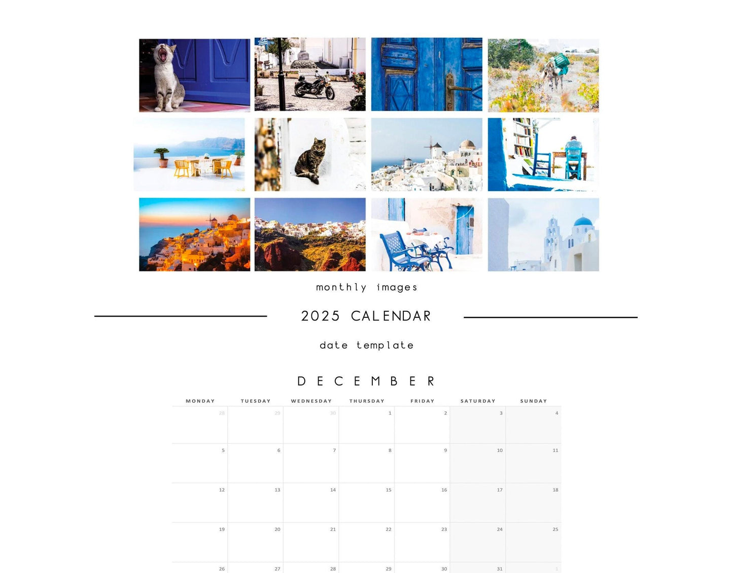 Santorini 2025 Calendar - A3 or A4 Wall Calendar - Santorini - Greece - 2025 - Calendar - 2025 Planner - Santorini Gift - Greece Calendar